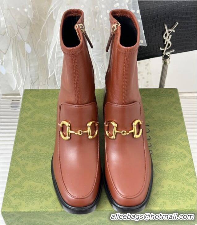 Feminine Gucci Leather Short Boots with Horsebit 5.5cm Brown 718105