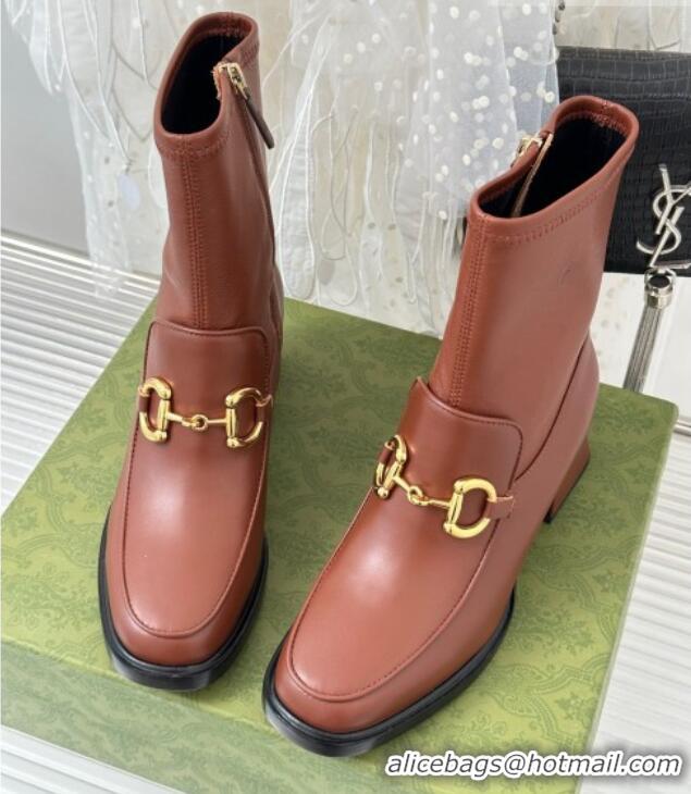 Feminine Gucci Leather Short Boots with Horsebit 5.5cm Brown 718105