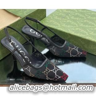 Good Product Gucci Crystal GG Mesh Slingback Pumps 7.5cm Black 0718110