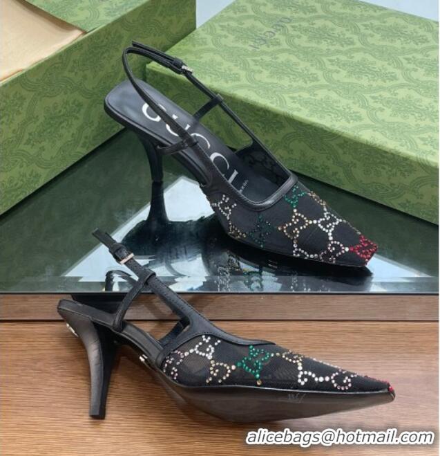 Good Product Gucci Crystal GG Mesh Slingback Pumps 7.5cm Black 0718110