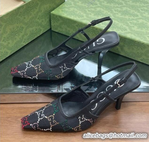 Good Product Gucci Crystal GG Mesh Slingback Pumps 7.5cm Black 0718110