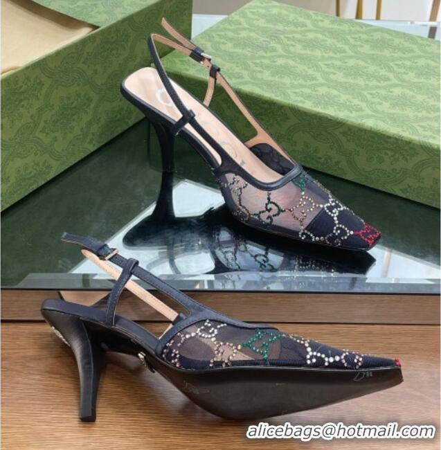 Classic Hot Gucci Crystal GG Mesh Slingback Pumps 7.5cm Black/Multicolor 718112