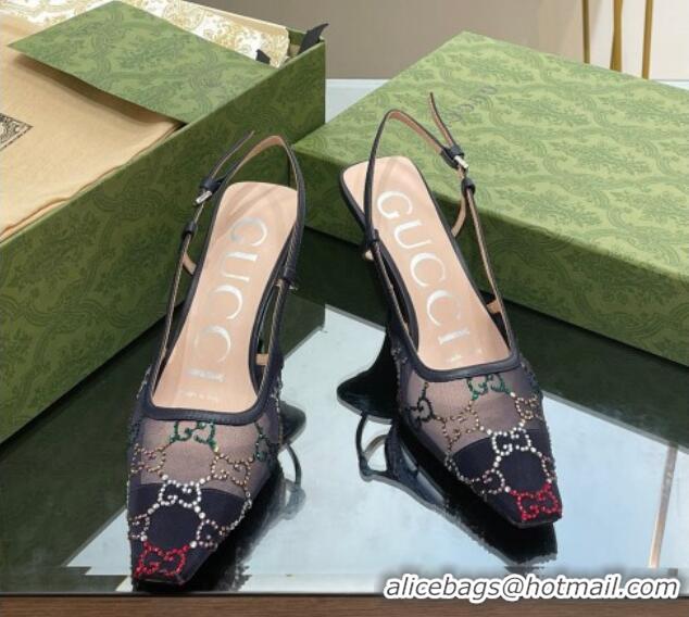 Classic Hot Gucci Crystal GG Mesh Slingback Pumps 7.5cm Black/Multicolor 718112