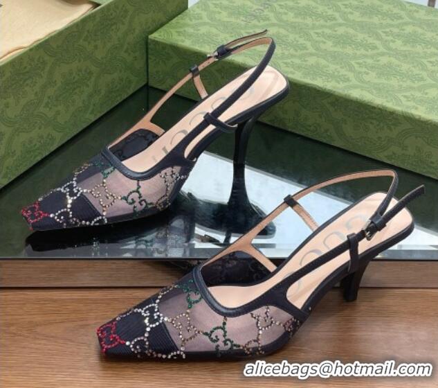 Classic Hot Gucci Crystal GG Mesh Slingback Pumps 7.5cm Black/Multicolor 718112