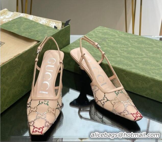 Shop Duplicate Gucci Crystal GG Mesh Slingback Pumps 7.5cm Nude 718113