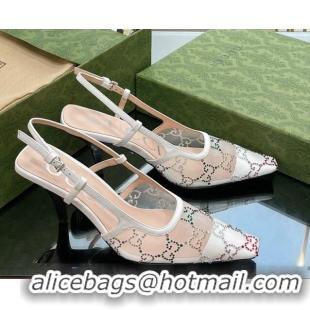 Charming Gucci Crystal GG Mesh Slingback Pumps 7.5cm White 718114