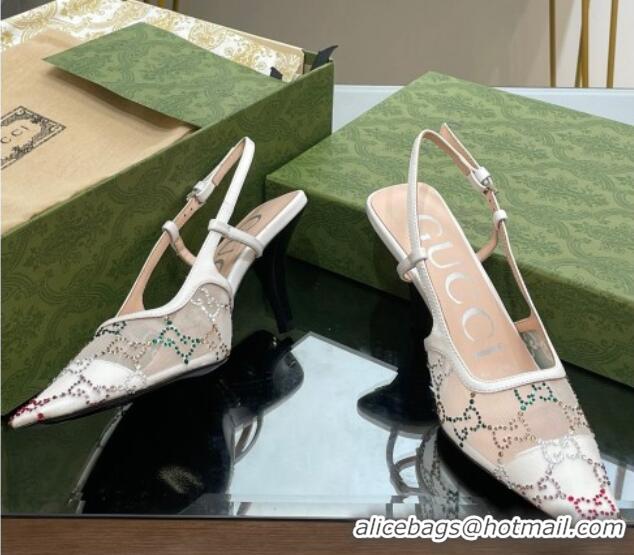 Charming Gucci Crystal GG Mesh Slingback Pumps 7.5cm White 718114