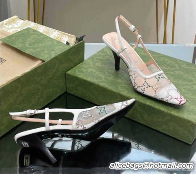 Charming Gucci Crystal GG Mesh Slingback Pumps 7.5cm White 718114