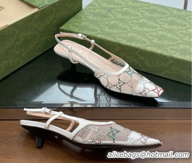 Hot Style Gucci Crystal GG Mesh Slingback Pumps 3.5cm White  718118