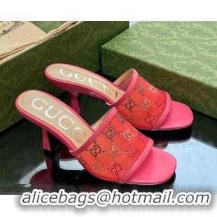 Sumptuous Gucci GG Crystals Mesh Mid Heel Slide Sandals 7.5cm Pink 718120