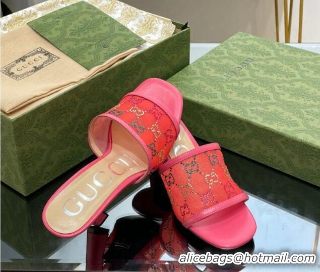 Sumptuous Gucci GG Crystals Mesh Mid Heel Slide Sandals 7.5cm Pink 718120