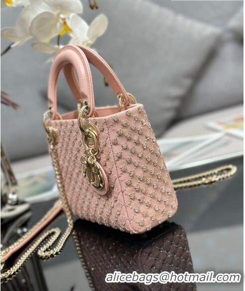 Top Quality Dior Lady Dior Mini Bag in Leather with Crystal Embroidery M0505 Light Pink 2023