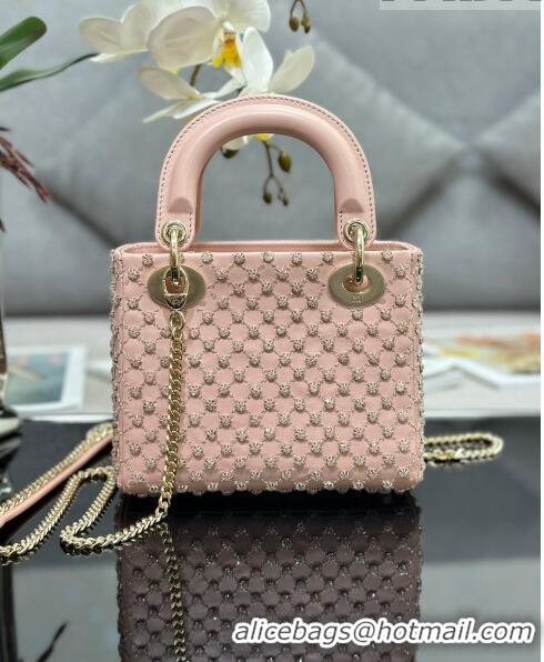 Top Quality Dior Lady Dior Mini Bag in Leather with Crystal Embroidery M0505 Light Pink 2023