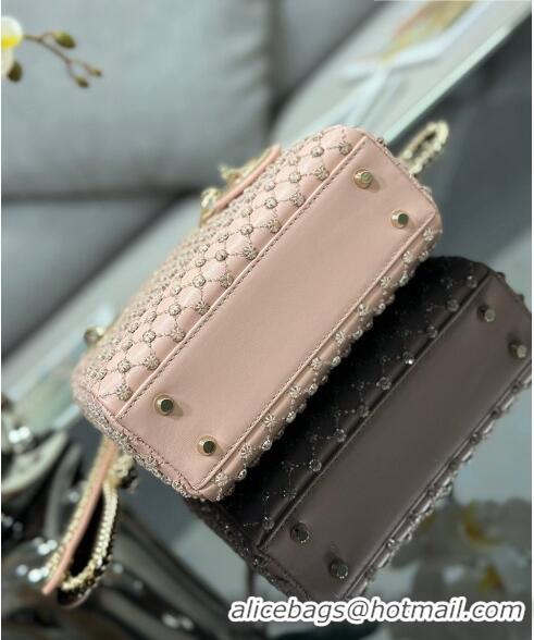 Top Quality Dior Lady Dior Mini Bag in Leather with Crystal Embroidery M0505 Light Pink 2023