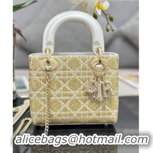 Luxury Cheap Dior Lady Dior Mini Bag in Leather with Crystal Beads Embroidery M0505 Gold/White 2023