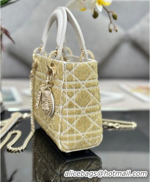 Luxury Cheap Dior Lady Dior Mini Bag in Leather with Crystal Beads Embroidery M0505 Gold/White 2023