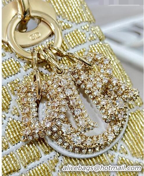 Luxury Cheap Dior Lady Dior Mini Bag in Leather with Crystal Beads Embroidery M0505 Gold/White 2023