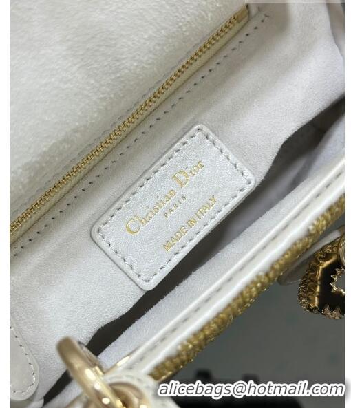 Luxury Cheap Dior Lady Dior Mini Bag in Leather with Crystal Beads Embroidery M0505 Gold/White 2023