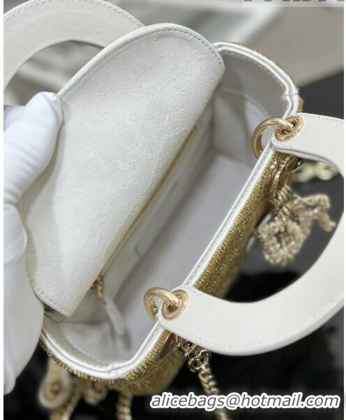 Luxury Cheap Dior Lady Dior Mini Bag in Leather with Crystal Beads Embroidery M0505 Gold/White 2023