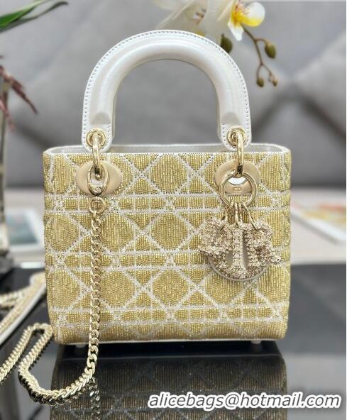 Luxury Cheap Dior Lady Dior Mini Bag in Leather with Crystal Beads Embroidery M0505 Gold/White 2023