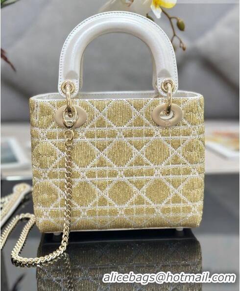 Luxury Cheap Dior Lady Dior Mini Bag in Leather with Crystal Beads Embroidery M0505 Gold/White 2023