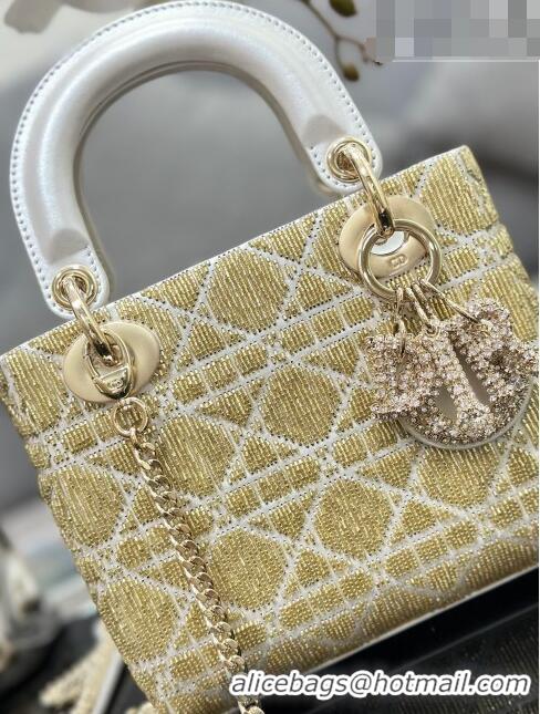 Luxury Cheap Dior Lady Dior Mini Bag in Leather with Crystal Beads Embroidery M0505 Gold/White 2023