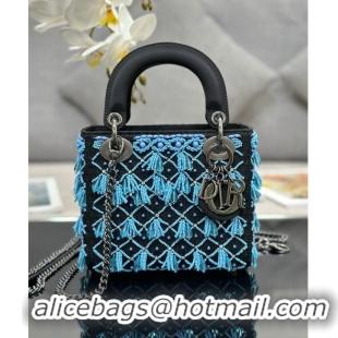 Unique Grade Dior Lady Dior Mini Bag in Leather with Beads Tassel M0505 Blue/Black 2023