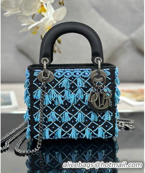 Unique Grade Dior Lady Dior Mini Bag in Leather with Beads Tassel M0505 Blue/Black 2023