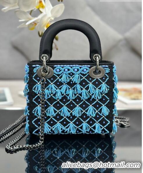 Unique Grade Dior Lady Dior Mini Bag in Leather with Beads Tassel M0505 Blue/Black 2023