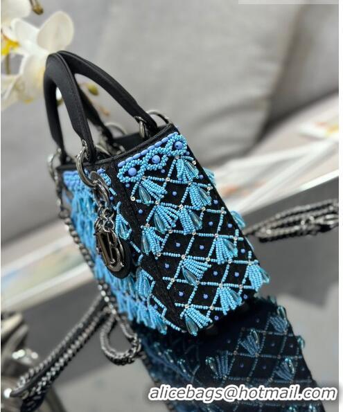 Unique Grade Dior Lady Dior Mini Bag in Leather with Beads Tassel M0505 Blue/Black 2023