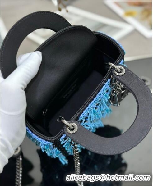 Unique Grade Dior Lady Dior Mini Bag in Leather with Beads Tassel M0505 Blue/Black 2023