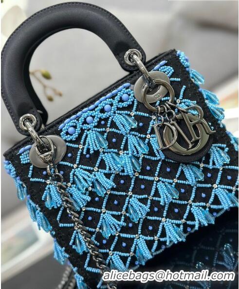 Unique Grade Dior Lady Dior Mini Bag in Leather with Beads Tassel M0505 Blue/Black 2023