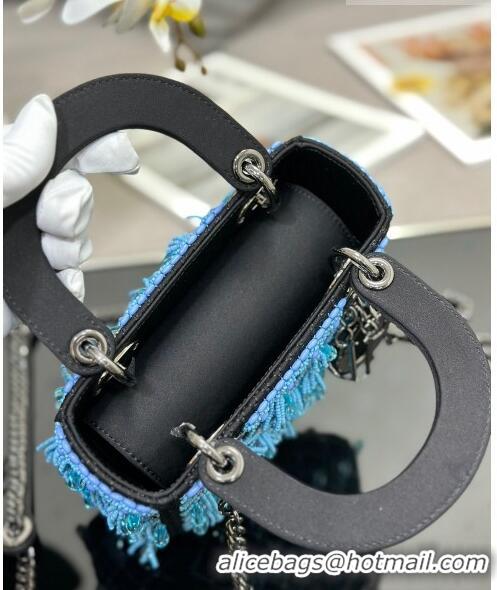 Unique Grade Dior Lady Dior Mini Bag in Leather with Beads Tassel M0505 Blue/Black 2023