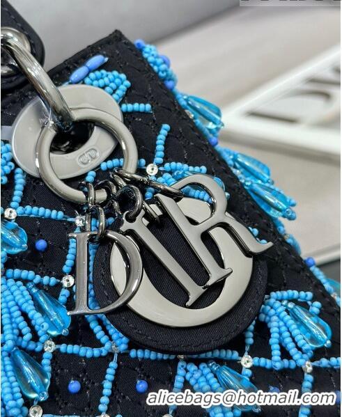 Unique Grade Dior Lady Dior Mini Bag in Leather with Beads Tassel M0505 Blue/Black 2023