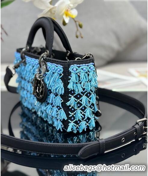 Promotional Dior Medium Lady D-Joy Bag with Beads Tassel M0540 Blue/Black 2023