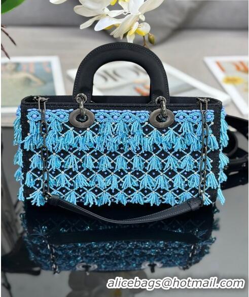 Promotional Dior Medium Lady D-Joy Bag with Beads Tassel M0540 Blue/Black 2023