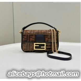 Super Quality Fendi Baguette Mini Bag in Brown FF Jacquard Fabric with sequins 8623S 2023