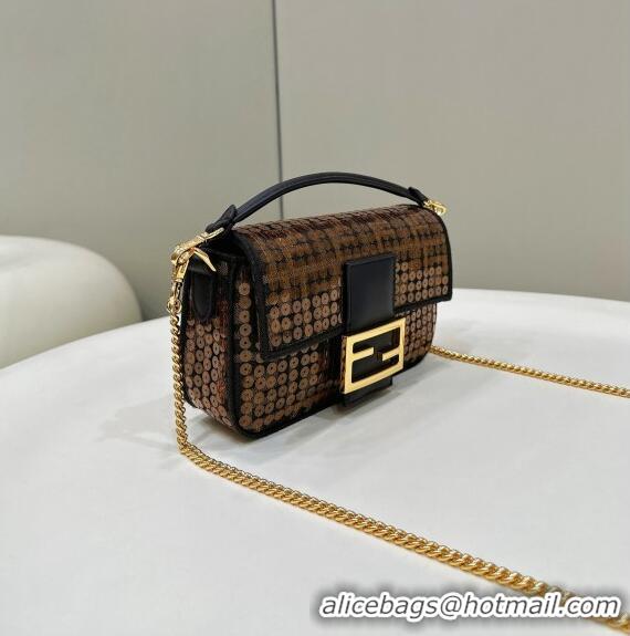 Super Quality Fendi Baguette Mini Bag in Brown FF Jacquard Fabric with sequins 8623S 2023