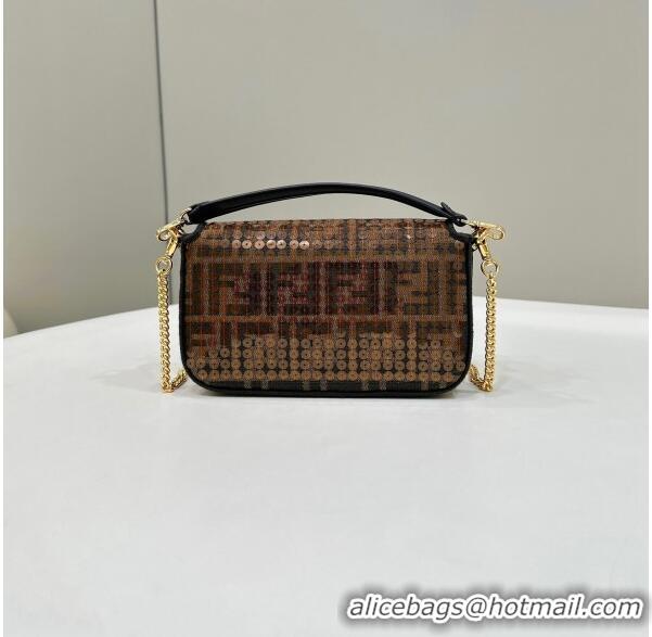 Super Quality Fendi Baguette Mini Bag in Brown FF Jacquard Fabric with sequins 8623S 2023