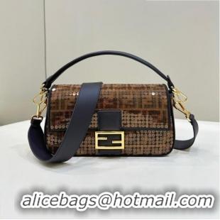 Good Quality Fendi Baguette Medium Bag in Brown FF Jacquard Fabric with sequins 8623L 2023