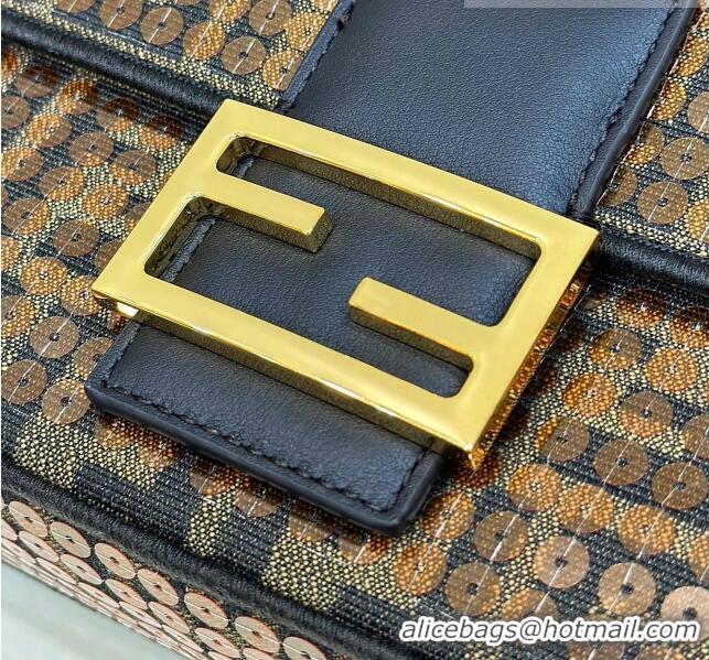 Good Quality Fendi Baguette Medium Bag in Brown FF Jacquard Fabric with sequins 8623L 2023