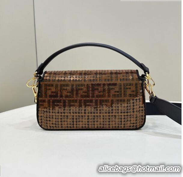 Good Quality Fendi Baguette Medium Bag in Brown FF Jacquard Fabric with sequins 8623L 2023