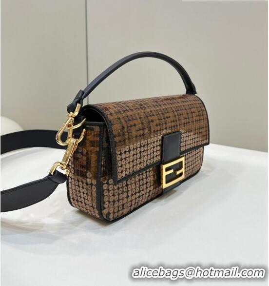 Good Quality Fendi Baguette Medium Bag in Brown FF Jacquard Fabric with sequins 8623L 2023