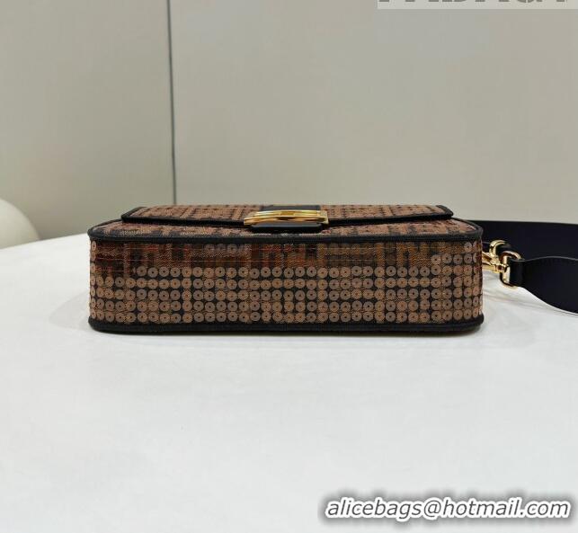 Good Quality Fendi Baguette Medium Bag in Brown FF Jacquard Fabric with sequins 8623L 2023