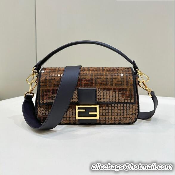 Good Quality Fendi Baguette Medium Bag in Brown FF Jacquard Fabric with sequins 8623L 2023