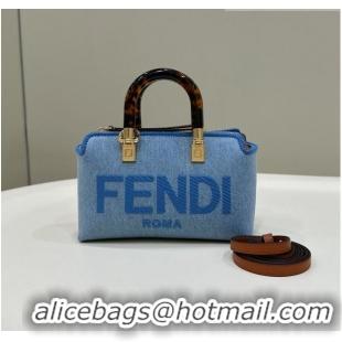 New Design Fendi By The Way Canvas Mini Boston Bag in 8570 Light blue denim 2023