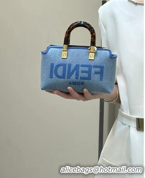 New Design Fendi By The Way Canvas Mini Boston Bag in 8570 Light blue denim 2023