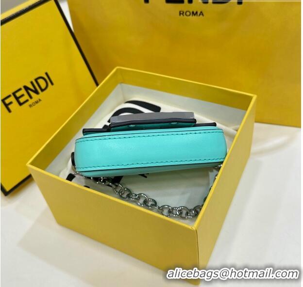 Top Grade Fendi Nano Baguette Bag Charm with Chain in Calf Leather 80128 Tiffany Blue 2023