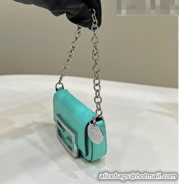 Top Grade Fendi Nano Baguette Bag Charm with Chain in Calf Leather 80128 Tiffany Blue 2023