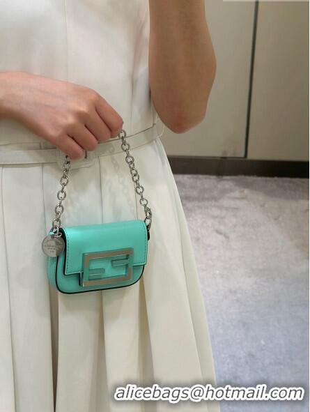 Top Grade Fendi Nano Baguette Bag Charm with Chain in Calf Leather 80128 Tiffany Blue 2023